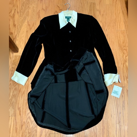 1990s Vtg Women’s 8 Collared Cuffed LAUREN RALPH LAUREN Velour Textured Dress - Picture 2 of 16